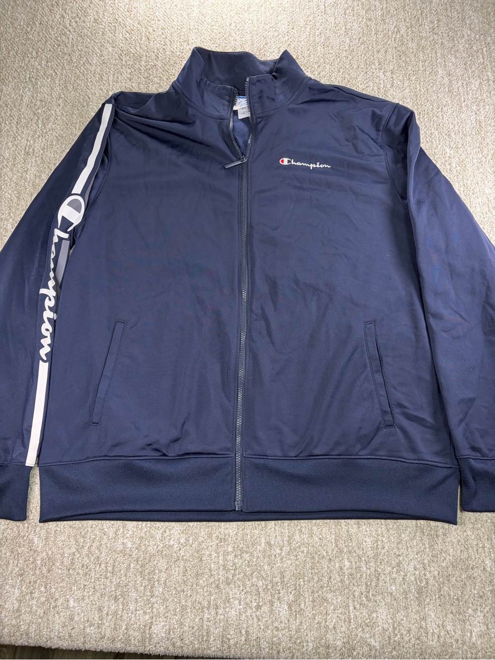 Champion Navy Full-Zip Track Jacket with White Sleeve Stripe